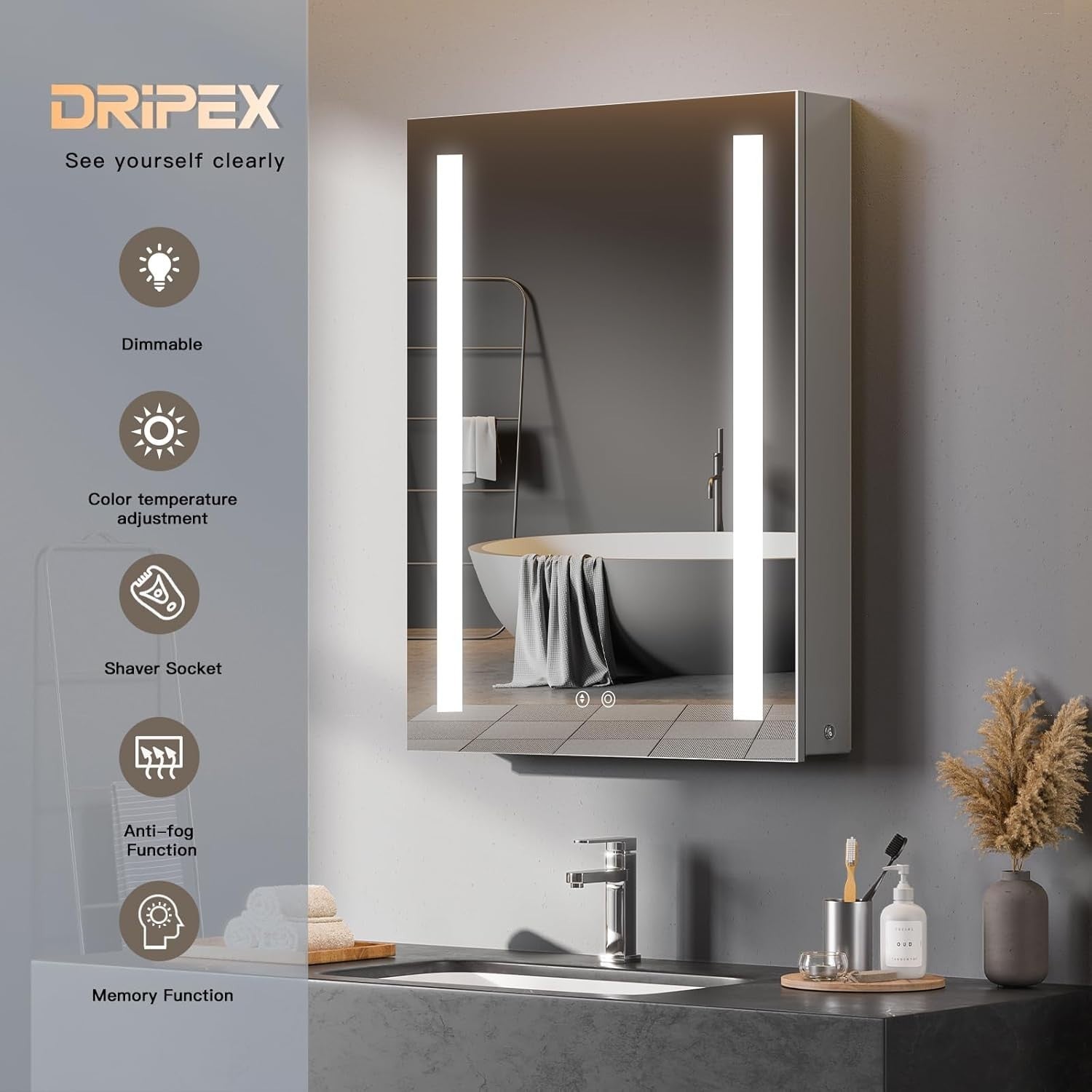 LED Illuminated Bathroom Mirror Cabinet with Shaver Socket & Demister