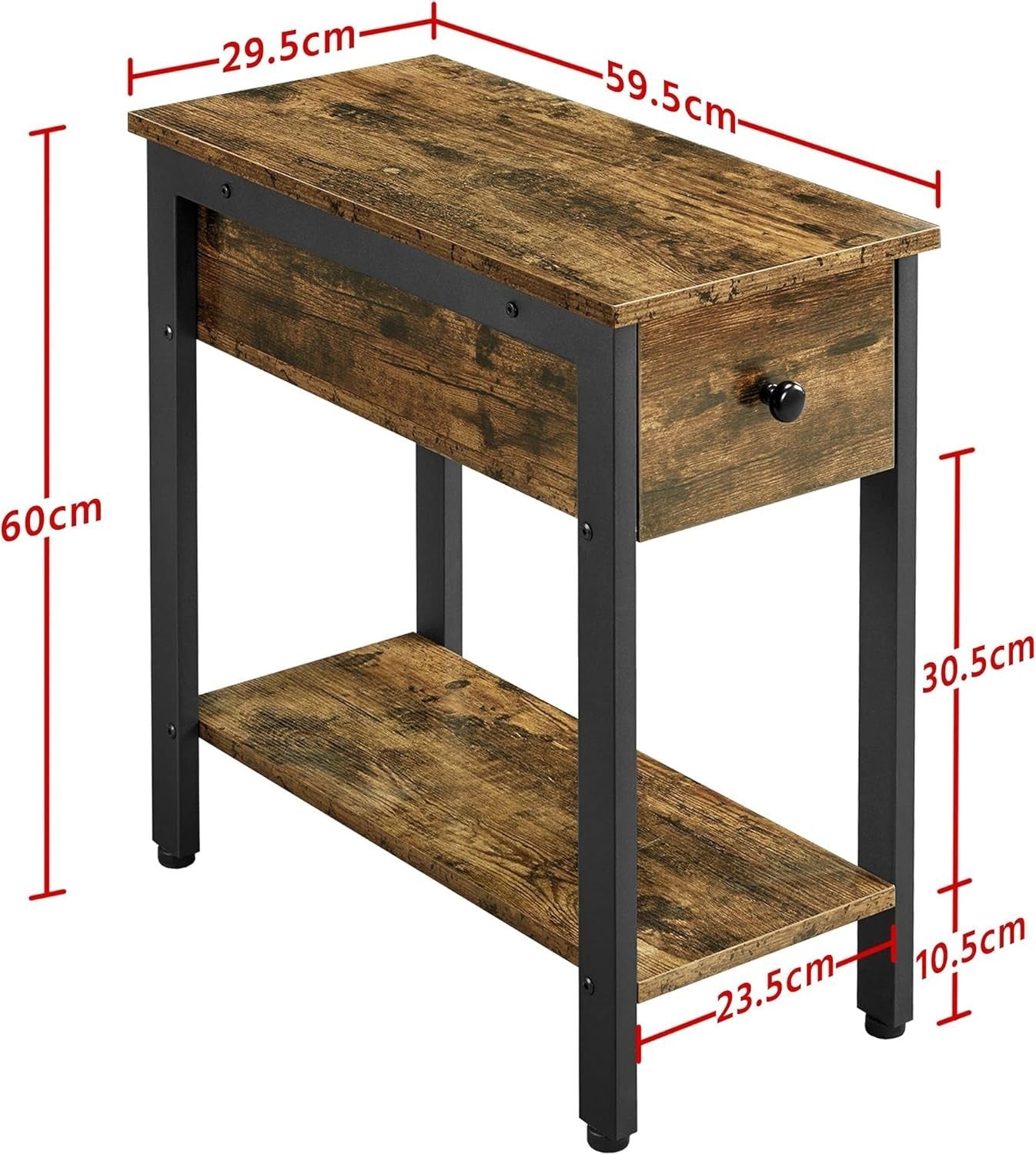 2-Tier Industrial Side Table with Drawer Narrow Rustic Brown 60x29.5x59.5cm