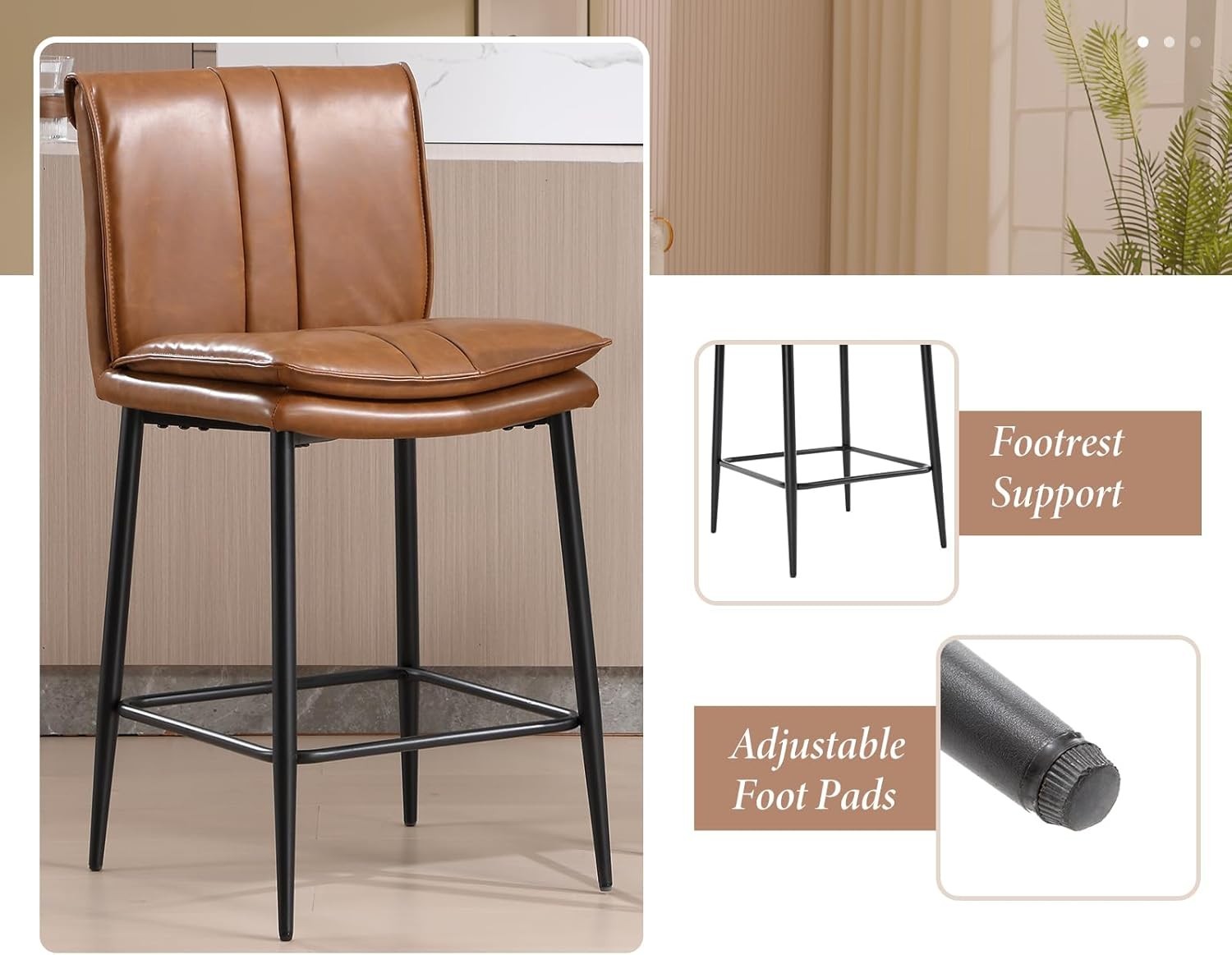 Brown Bar Stools Set of 2 – Faux Leather Counter Chairs with Footrest