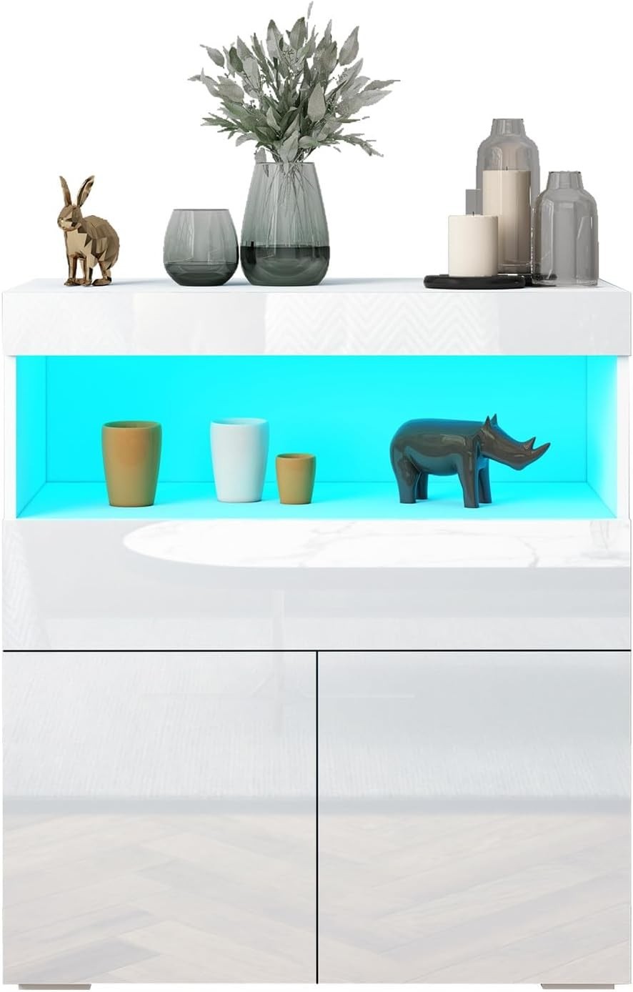 LED Sideboard Cabinet High Gloss Storage Unit 2 Doors 1 Drawer White