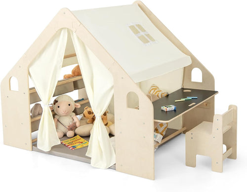 Kids Wooden Playhouse Tent with Table Chair Set, Blackboard & Storage Bin