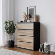 Modern 4-Drawer Wooden Chest - No Handle, Large Storage, Oak & Black Finish