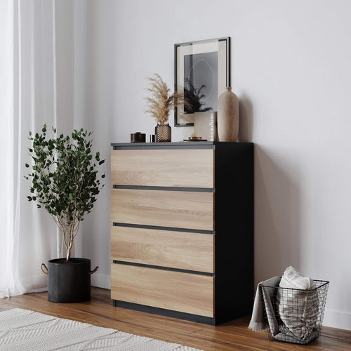 Modern 4-Drawer Wooden Chest - No Handle, Large Storage, Oak & Black Finish