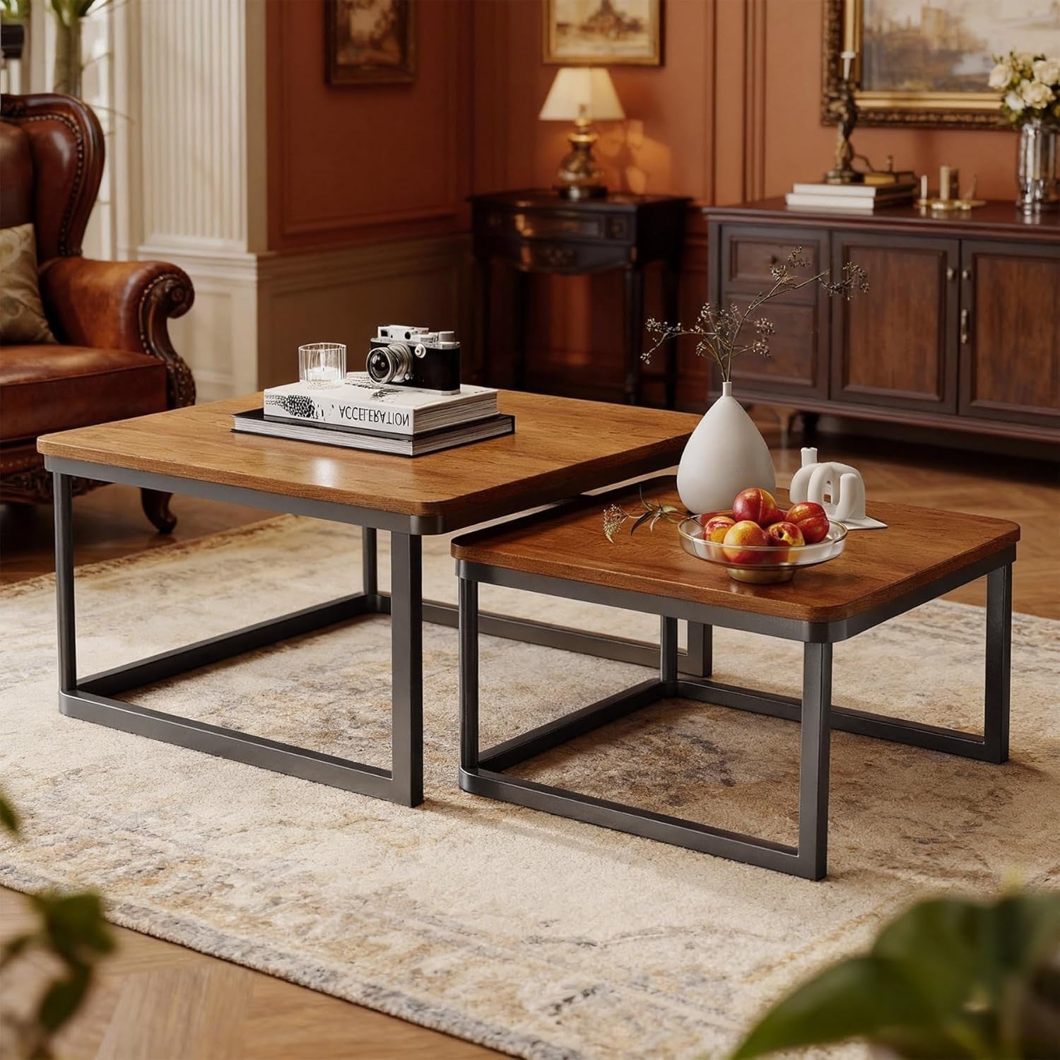 Modern Nesting Coffee Table Set 2 Round Black Metal Frame Wood Brown Square