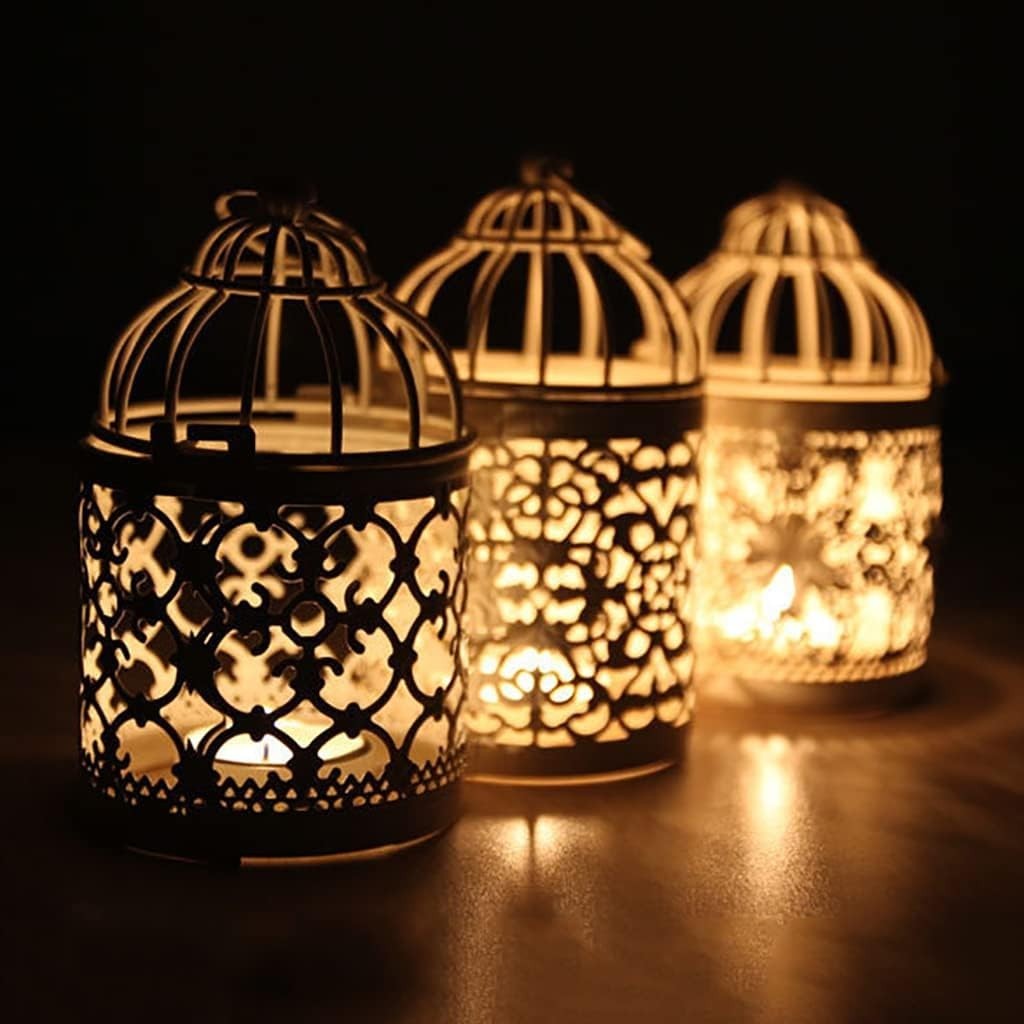 Decorative Hanging Lantern – Bird Cage Metal Candle Holder (A Gold)