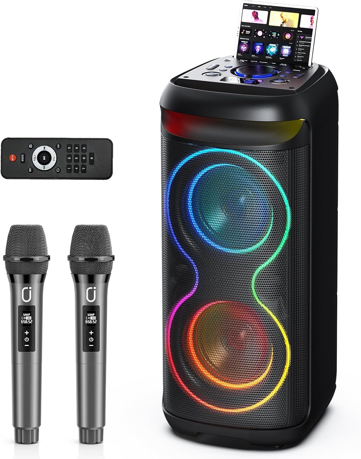 Black Party Karaoke Machine 2 Wireless Mics LED Bluetooth Speaker
