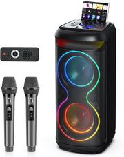 Black Party Karaoke Machine 2 Wireless Mics LED Bluetooth Speaker