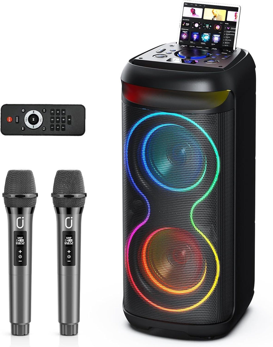 Black Party Karaoke Machine 2 Wireless Mics LED Bluetooth Speaker