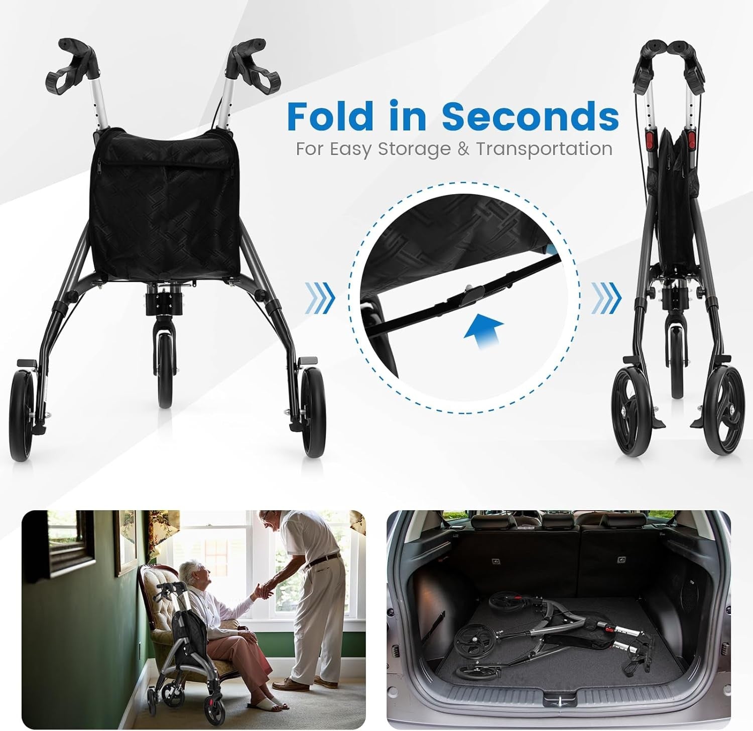 3 Wheel Folding Rollator Walker Lightweight Adjustable Mobility Aid