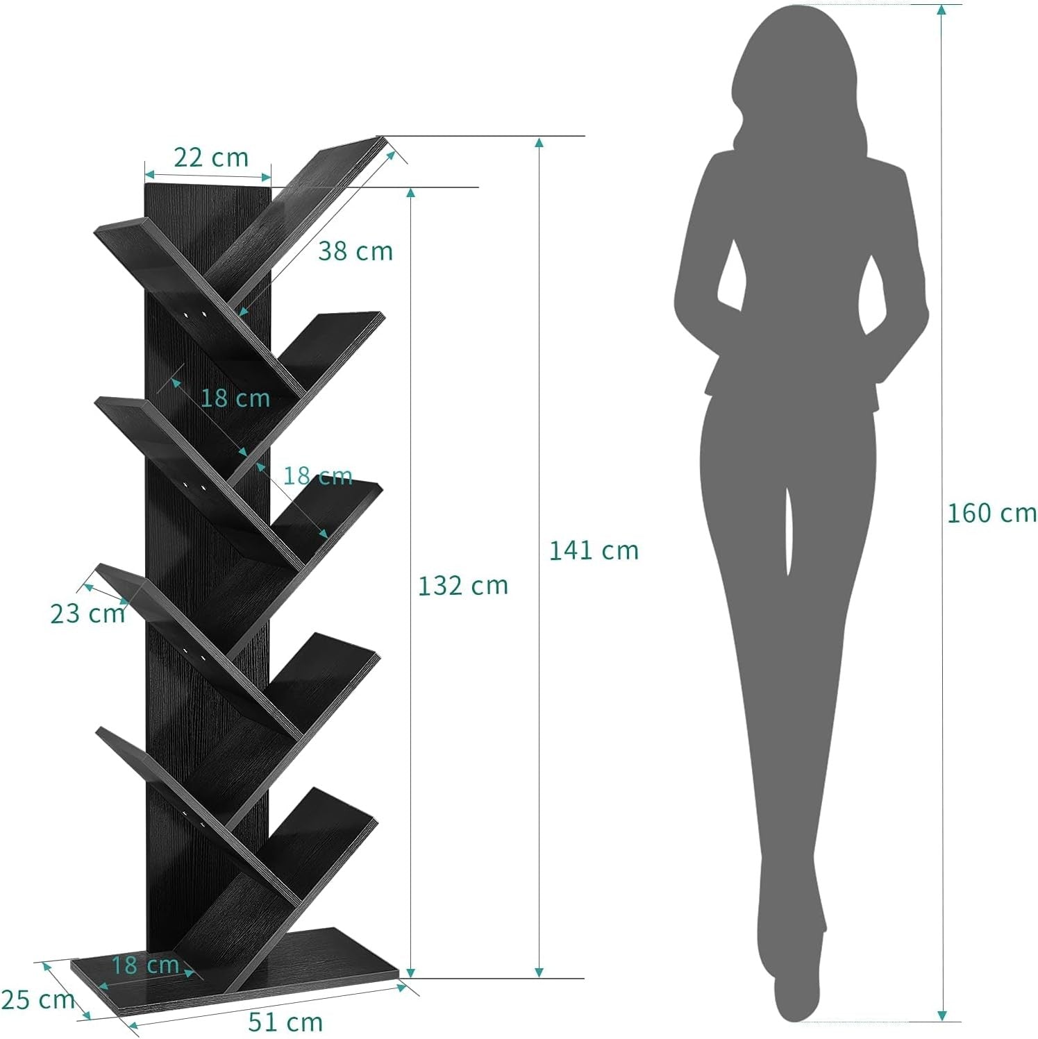 Tall Black Tree Bookshelf | 9-Tier Modern Space-Saving Bookcase for Living Room