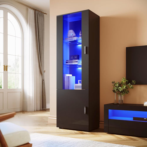 Tall 187cm Black Gloss LED Display Cabinet with Clear Front & Glass Shelves