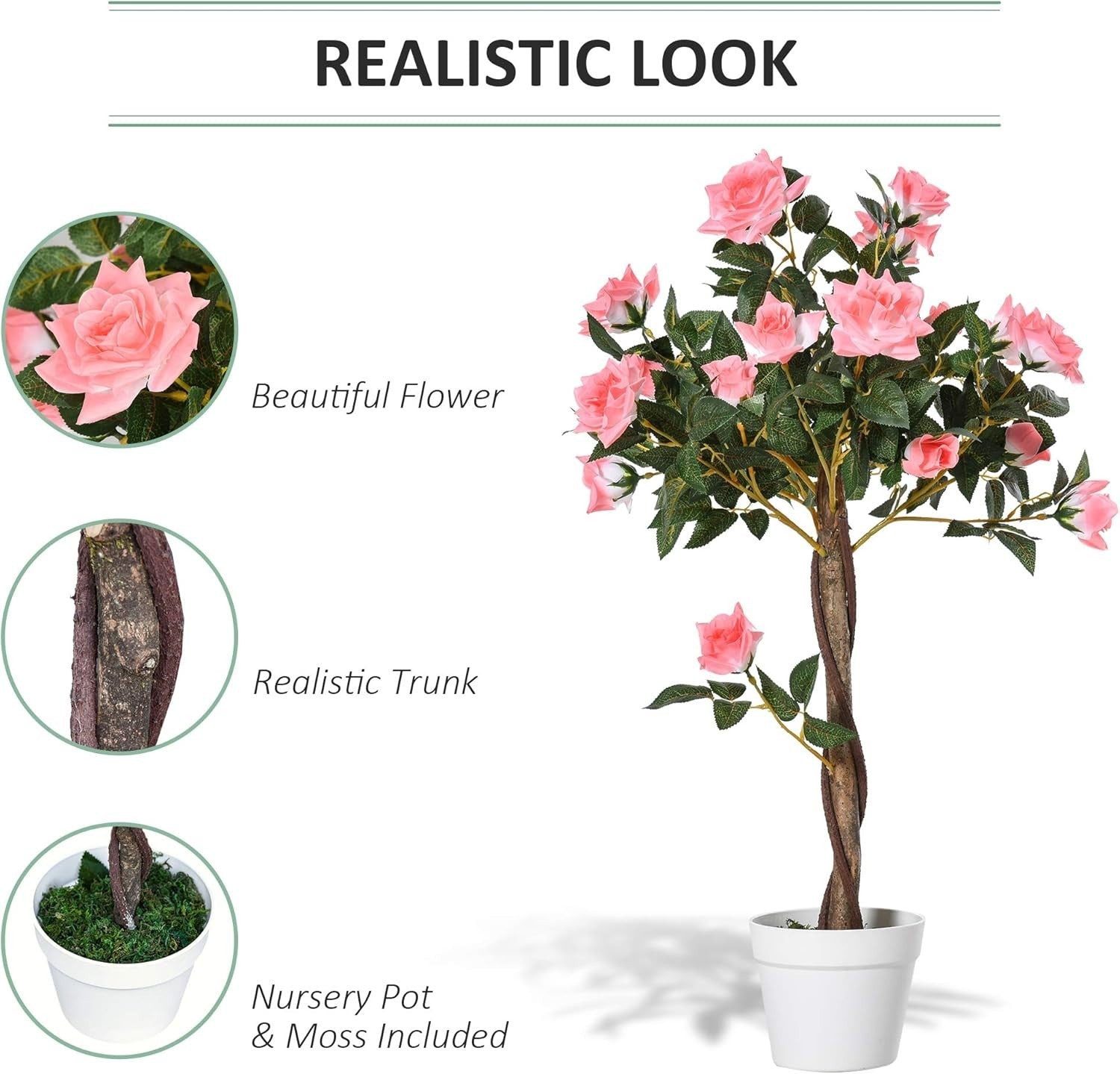 Artificial Rose Tree 90cm / 3ft Pink Faux Flower Plant Potted Home Garden Decor