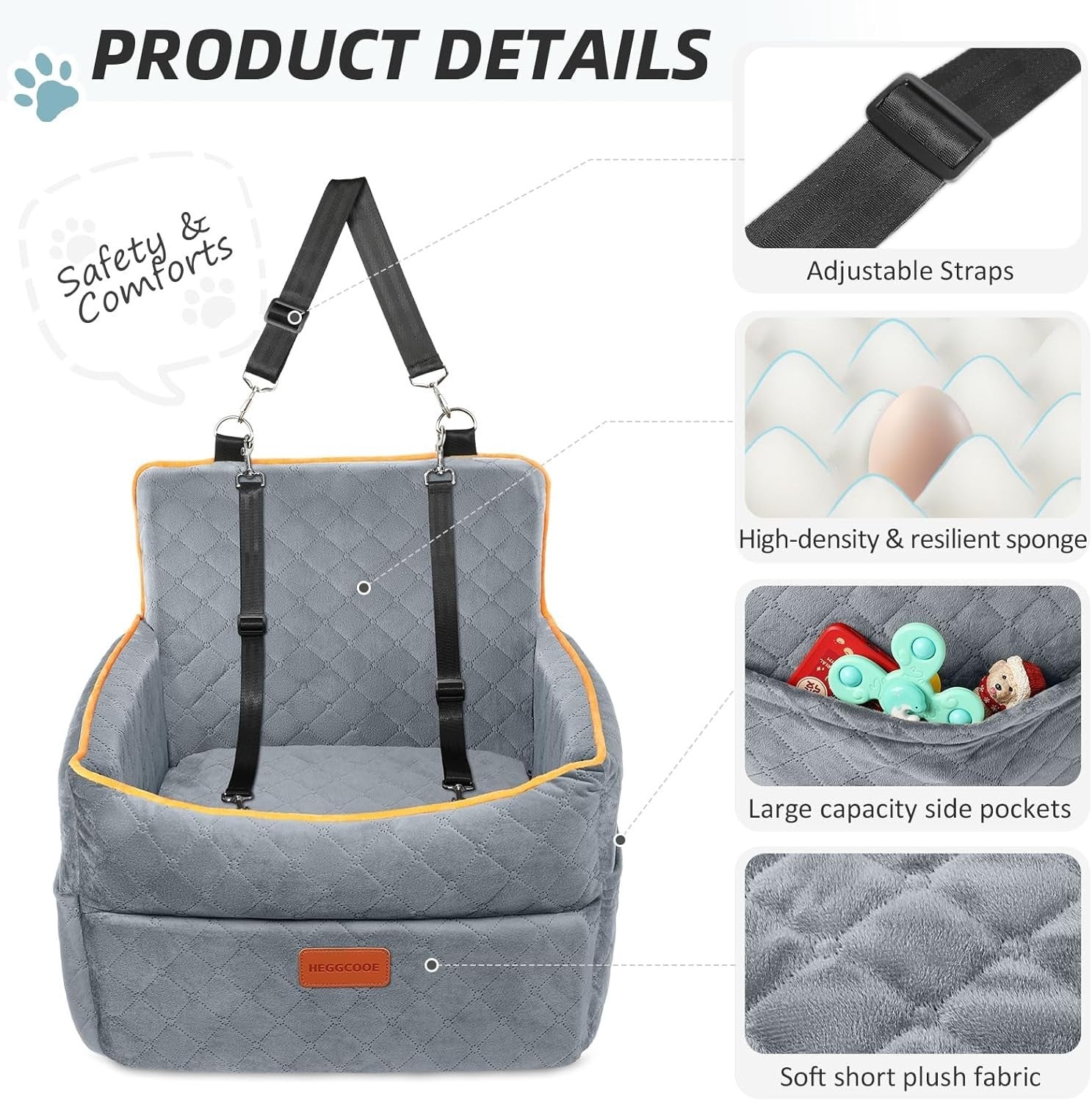 Elevated Dog Booster Car Seat Memory Foam Travel Bed Washable Grey