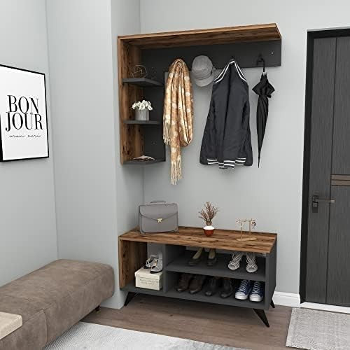 Light Walnut Coat Rack & Shoe Storage Bench – Modern Hallway Organizer Unit
