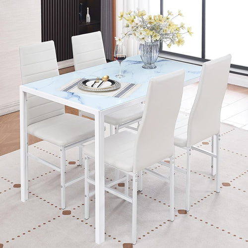 White Marble Glass 5-Piece Dining Set - Compact Rectangular Table + Chairs