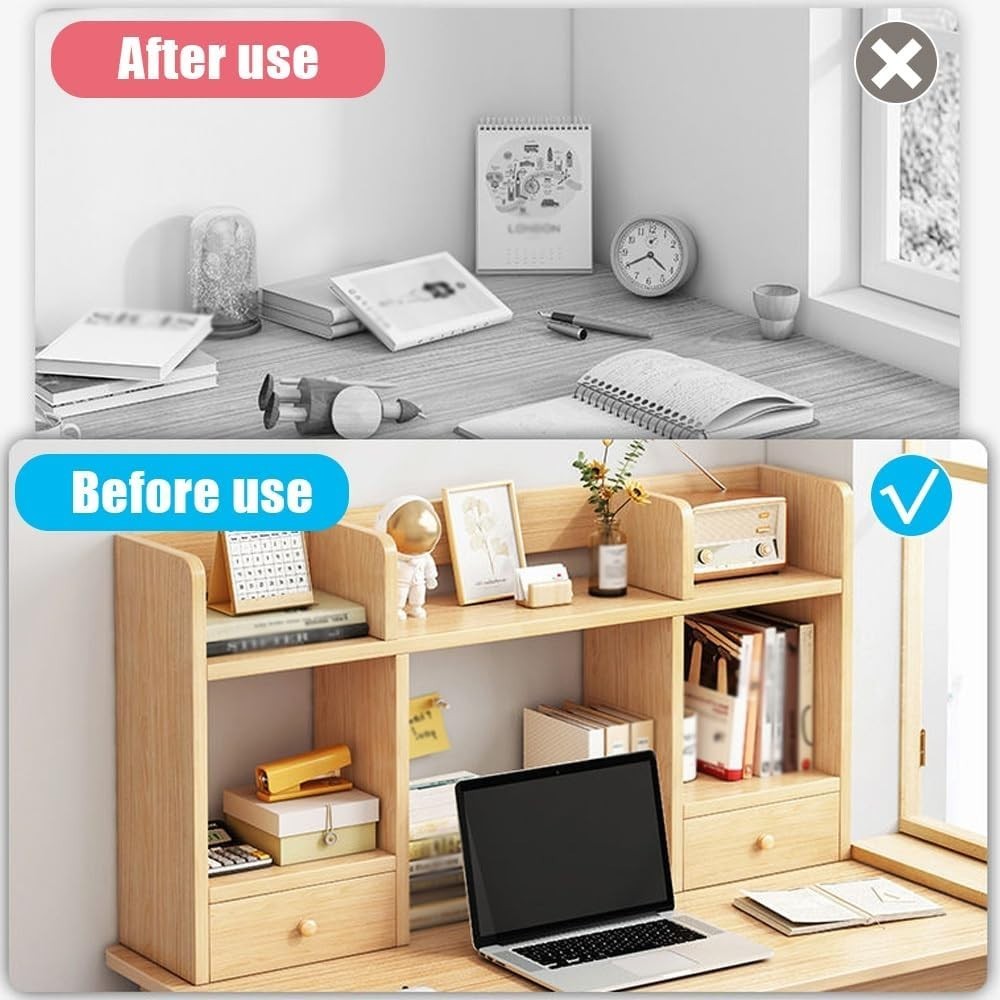 3-Tier Wood Desk Hutch Organizer w/ Drawers White Desktop Bookshelf 100x16x52cm