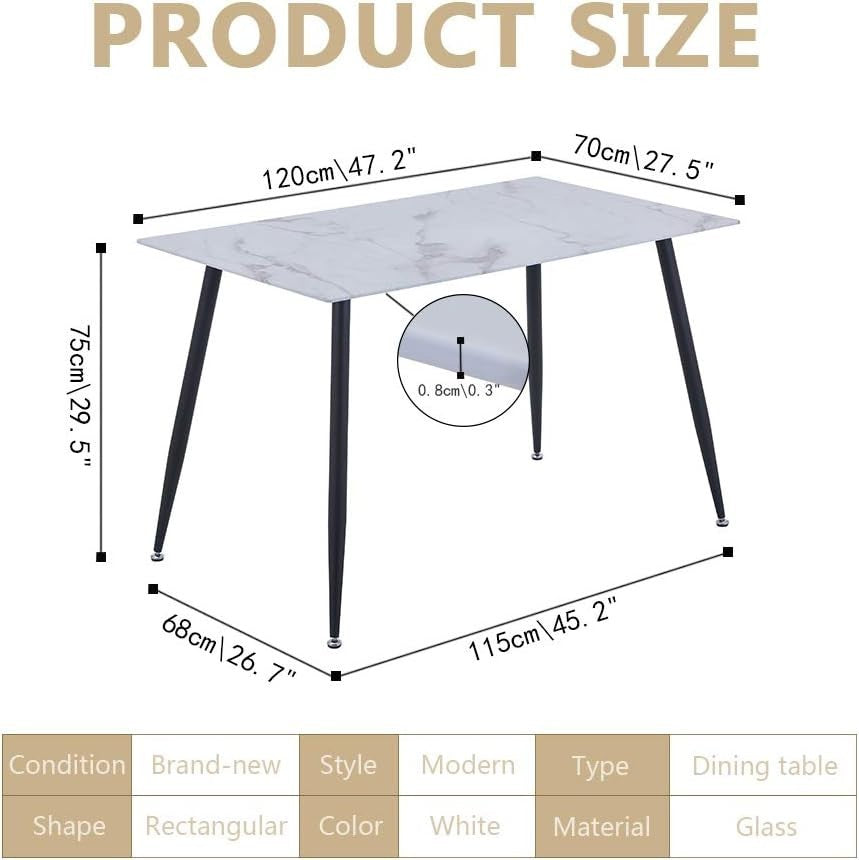 Rectangular Marble Glass Dining Table 120x70cm White Metal Modern