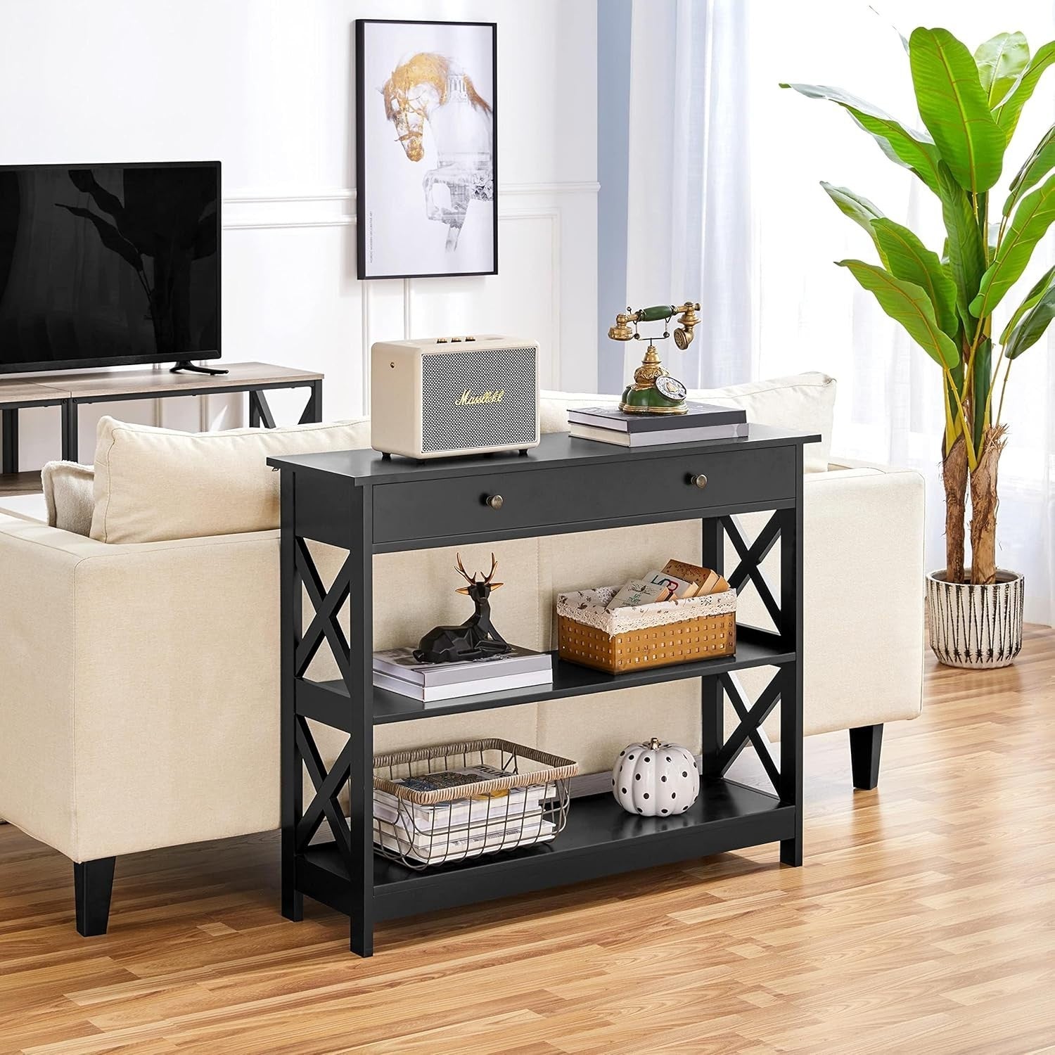 3 Tier Console Table with Drawer & Storage – Black Entryway Shelf Unit