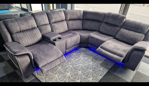 Electric Recliner Corner Sofa with LED Lights & Cup Holder – Grey L-Shape