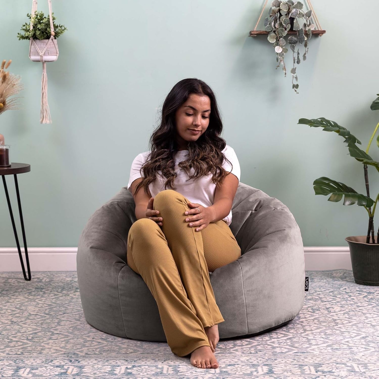 Large Grey Velvet Bean Bag Chair Adult Size | Comfy Lounge Seat