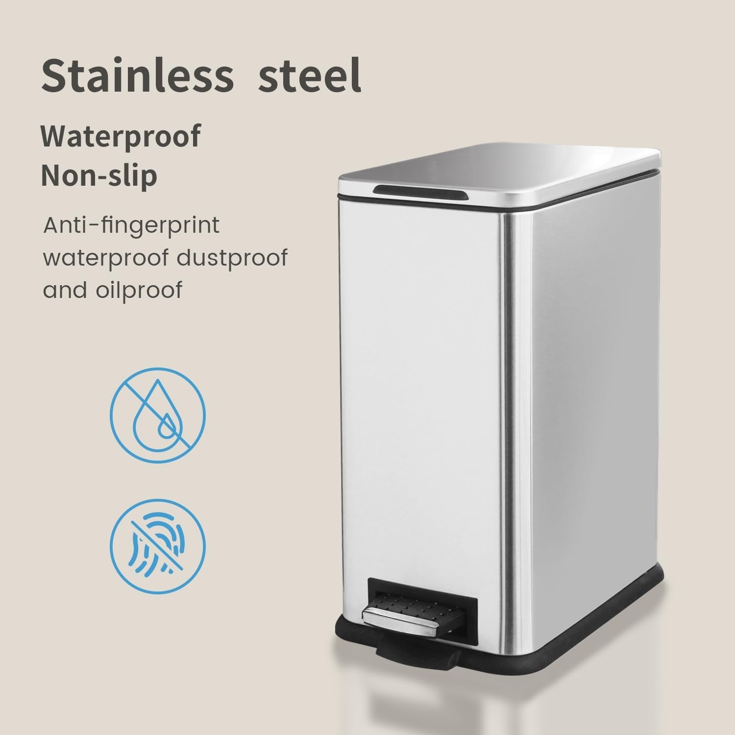 17L Slim Stainless Steel Pedal Bin Soft Close Kitchen Silver