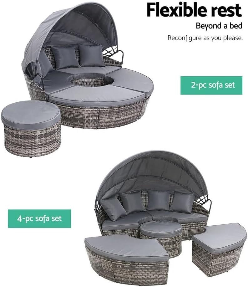 5-Piece Outdoor Rattan Day Bed Set with Cushions, Canopy & Coffee Table