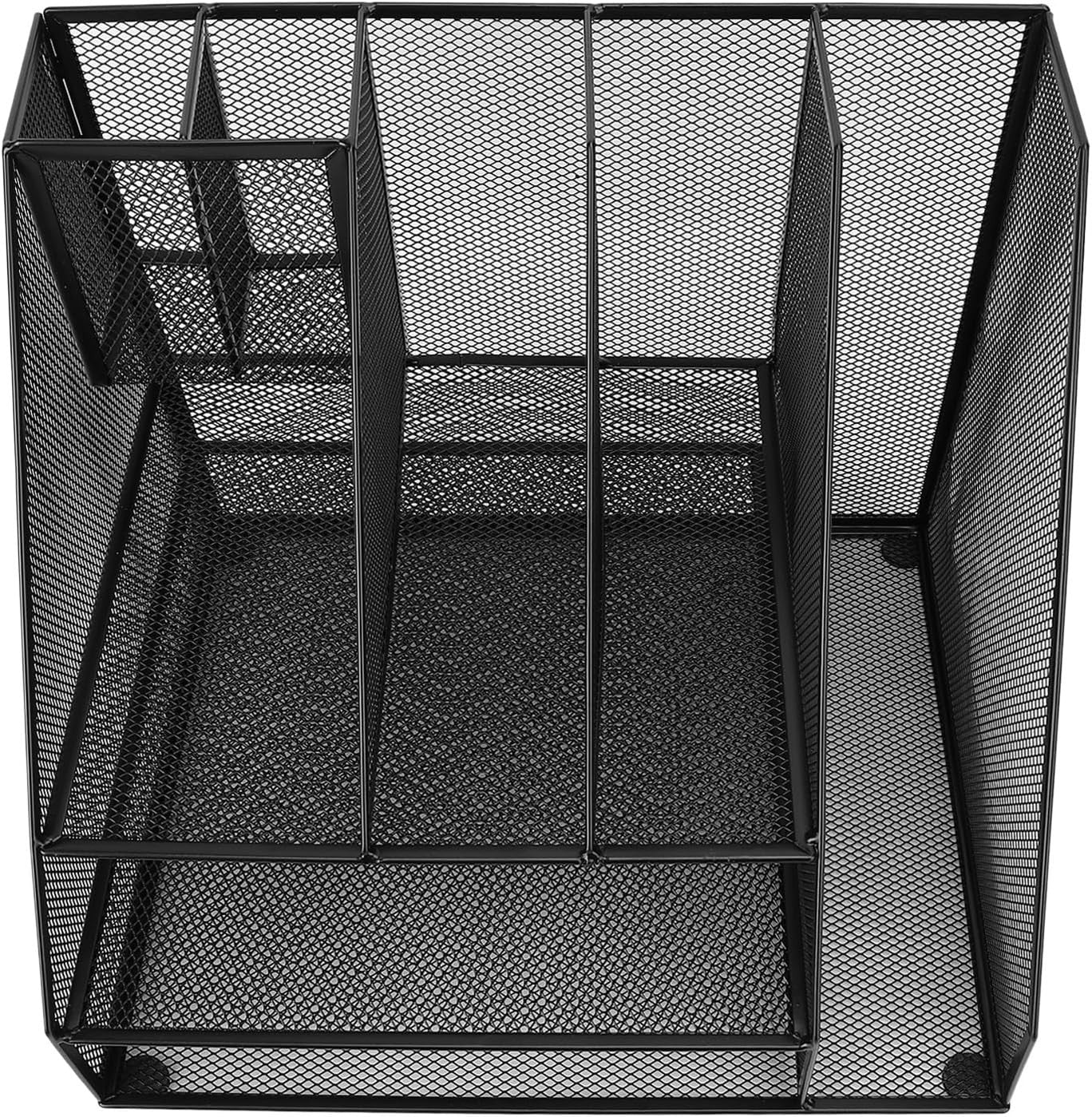 3-Tier Desk Organizer with Pen Holders & File Rack – Metal Mesh Storage