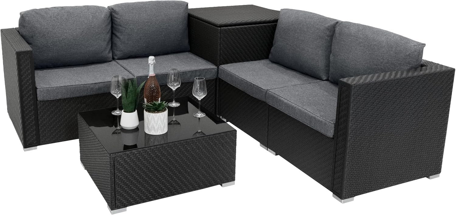 Rattan Garden Furniture Set 6pc Black Outdoor Sofa Table Storage Cover
