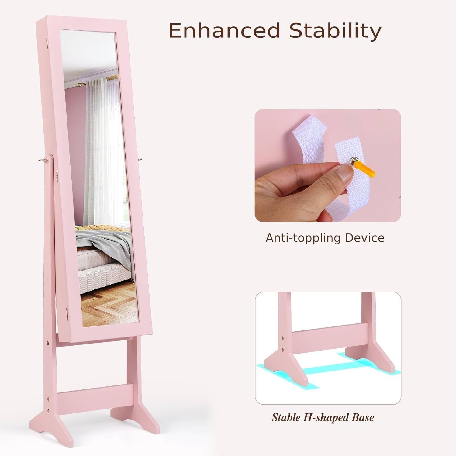 Pink Freestanding Jewelry Cabinet Full Length Mirror Adjustable Storage
