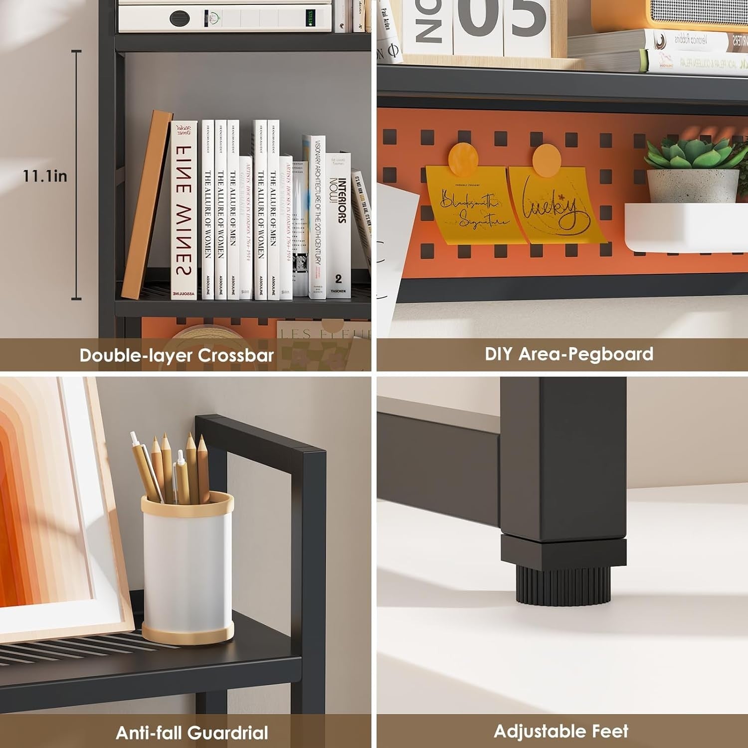 35.4" Metal Desk Hutch Shelf with Pegboard | 2-Tier Desktop Organizer Black