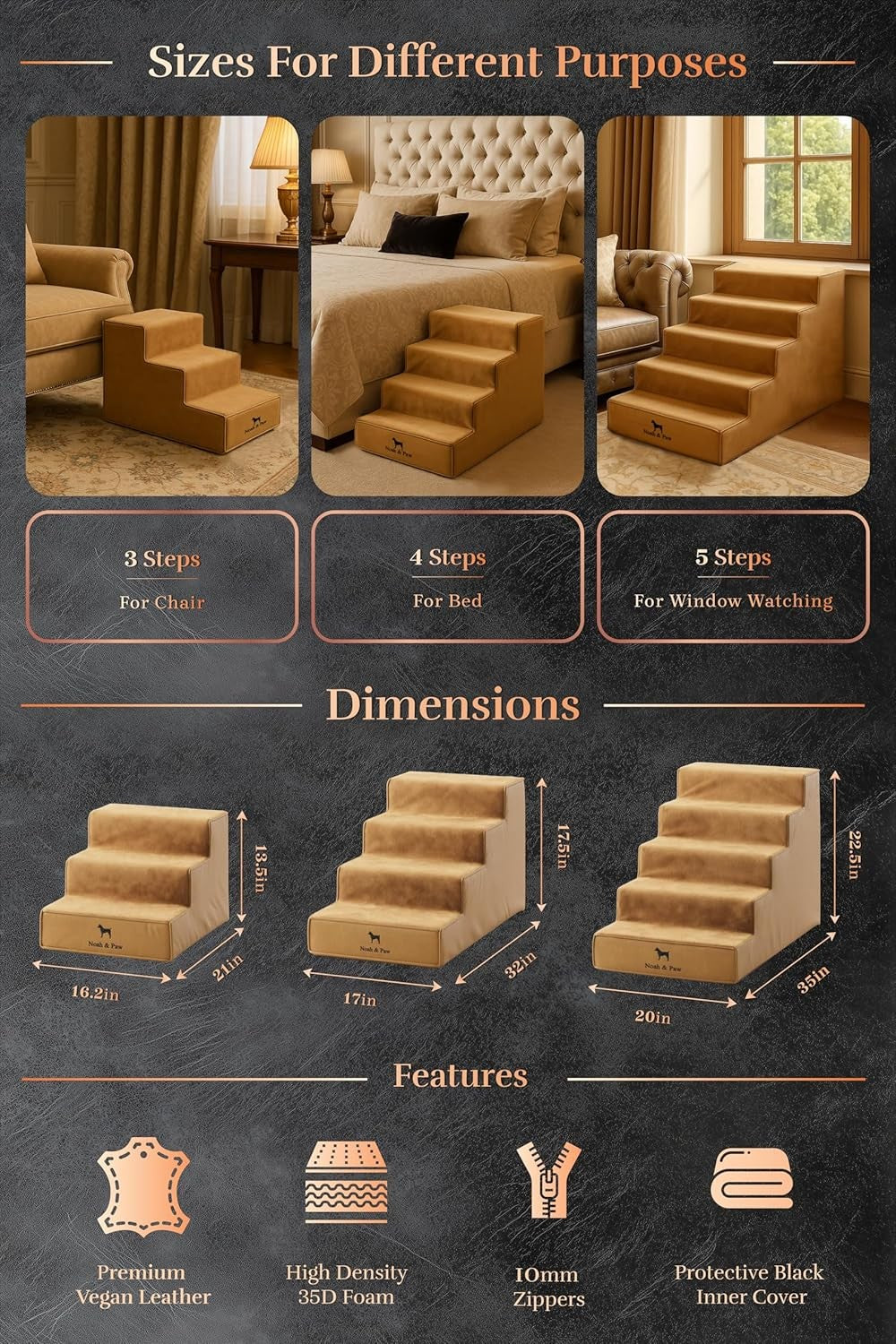 5‑Step Extra‑Wide Foam Dog & Cat Stairs 35D – Non Slip Pet Ramp Bed Sofa