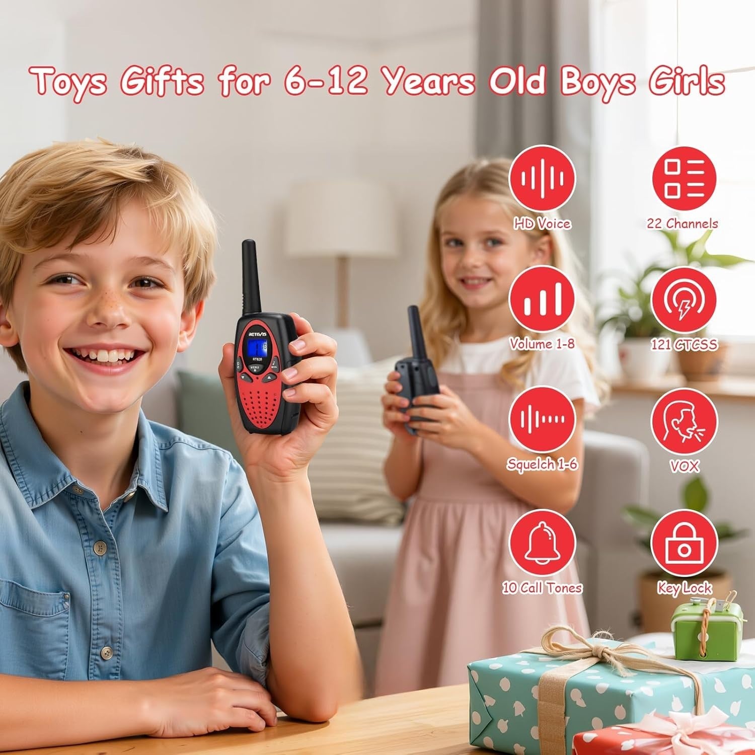 Kids Walkie Talkies 1 Pair Red Long Range VOX 8 Channel Toy Radios Easy Use