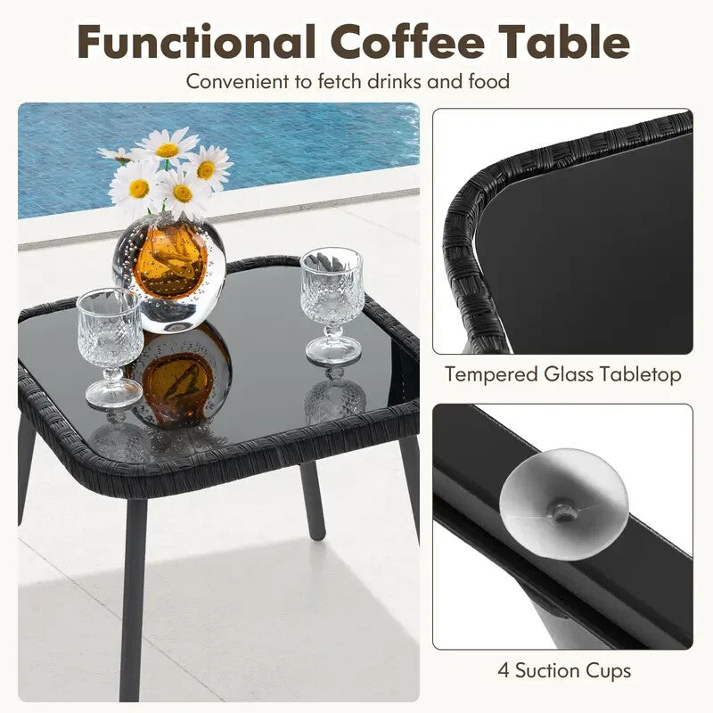 3pc Rattan Garden Bistro Set Black Chairs & Glass Coffee Table Patio Set