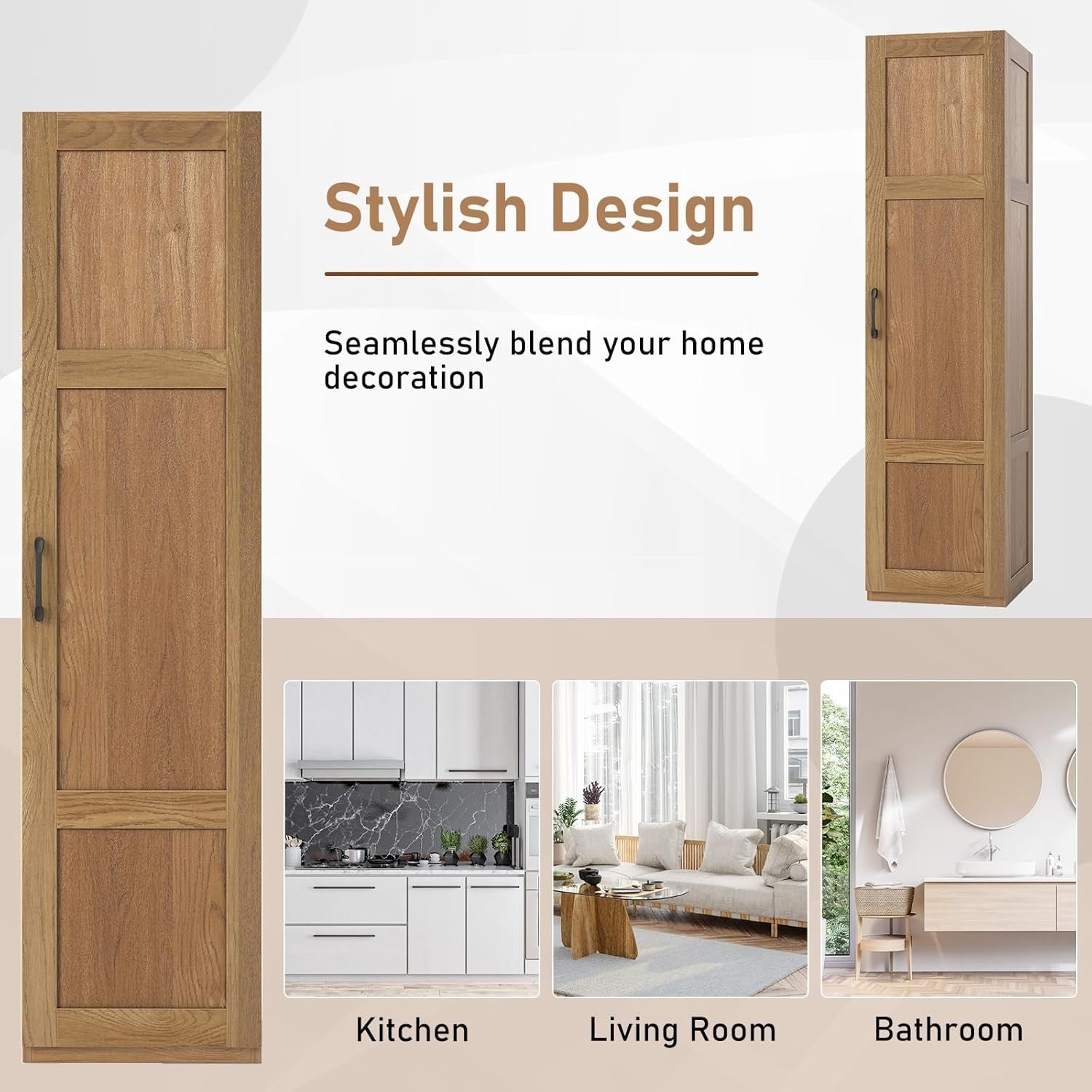 Tall Natural Wood Kitchen Cupboard 4 Tier Pantry Storage Cabinet Unit