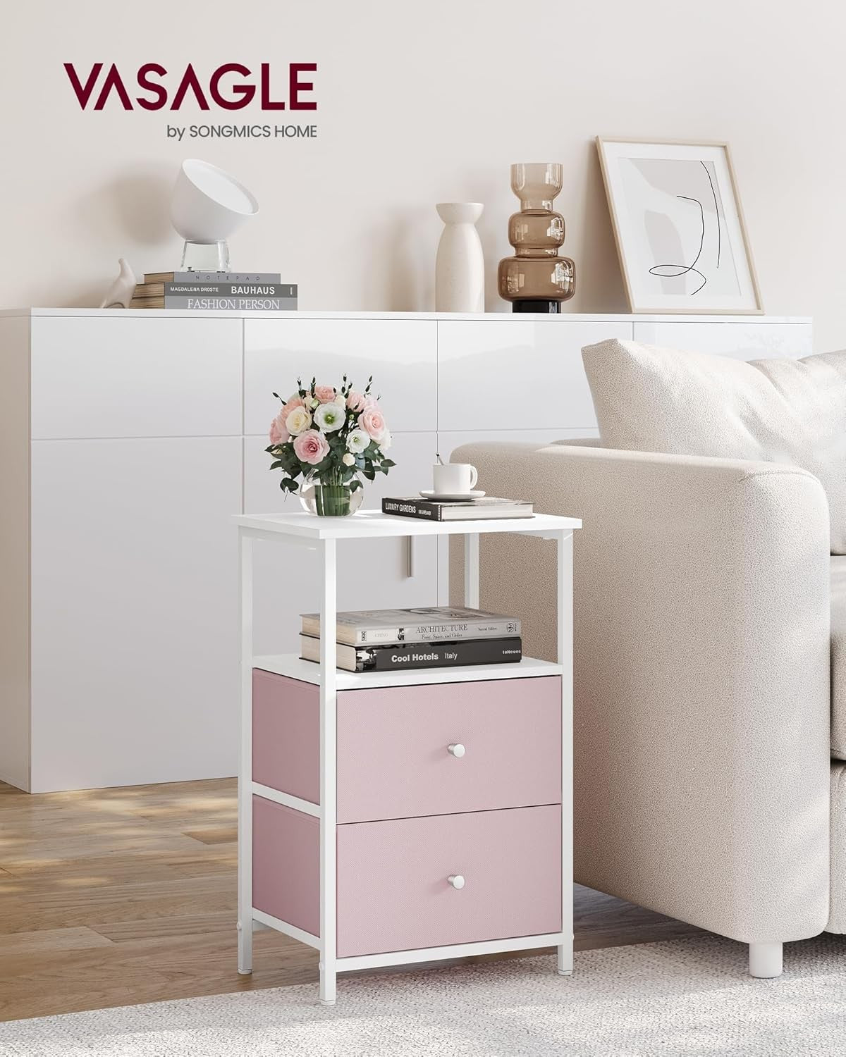 Tall Pink Bedside Table with 2 Fabric Drawers & Shelf – Modern Storage Unit