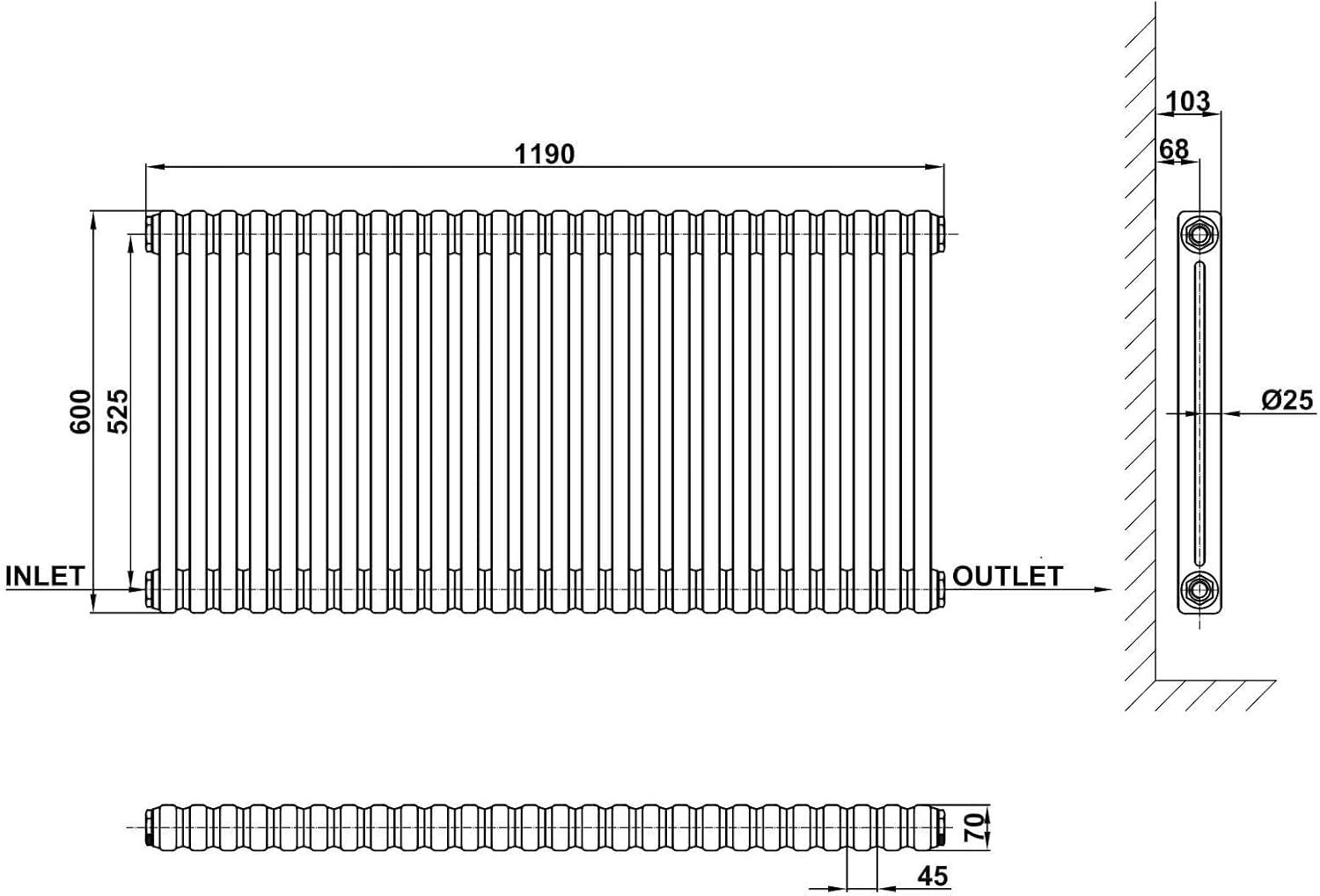 Anthracite 2 Column Horizontal Radiator 600x1190mm Modern Cast Iron