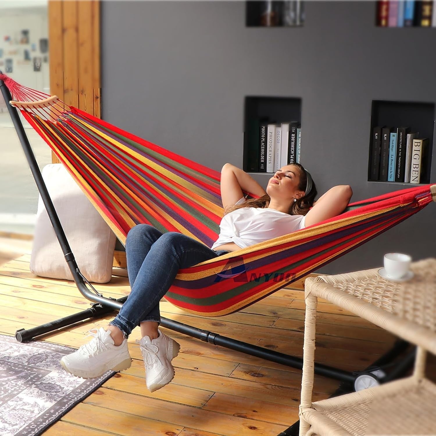 Outdoor Cotton Hammock with Spreader Bars & Tree Straps – Portable - Red