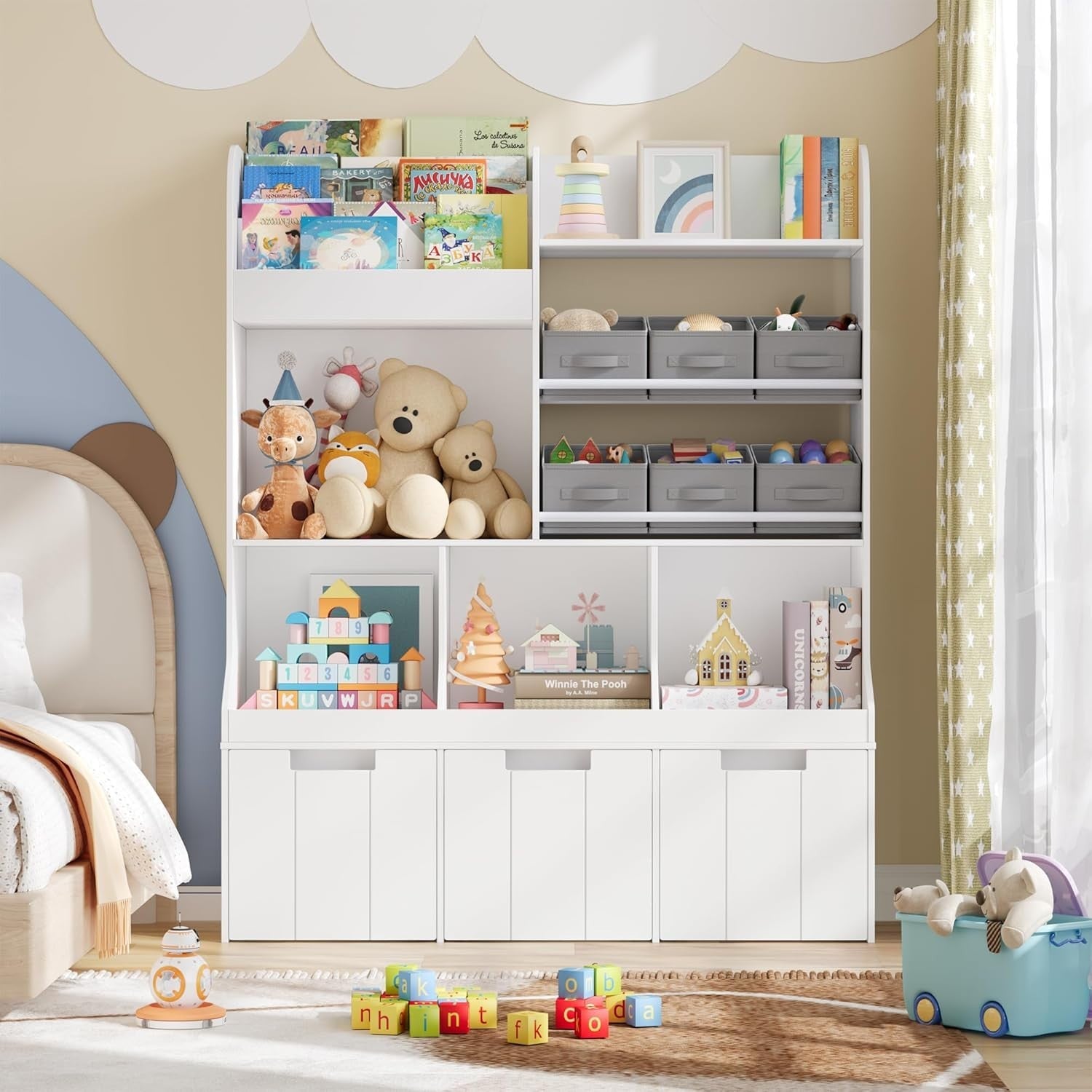 Kids Toy Storage Unit Bookcase Organizer w/ Bins Drawers Wheels Nursery White