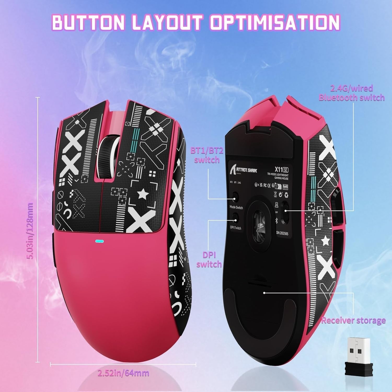 Wireless Gaming Mouse 22000 DPI 65H BT 2.4G USB Berry Grip