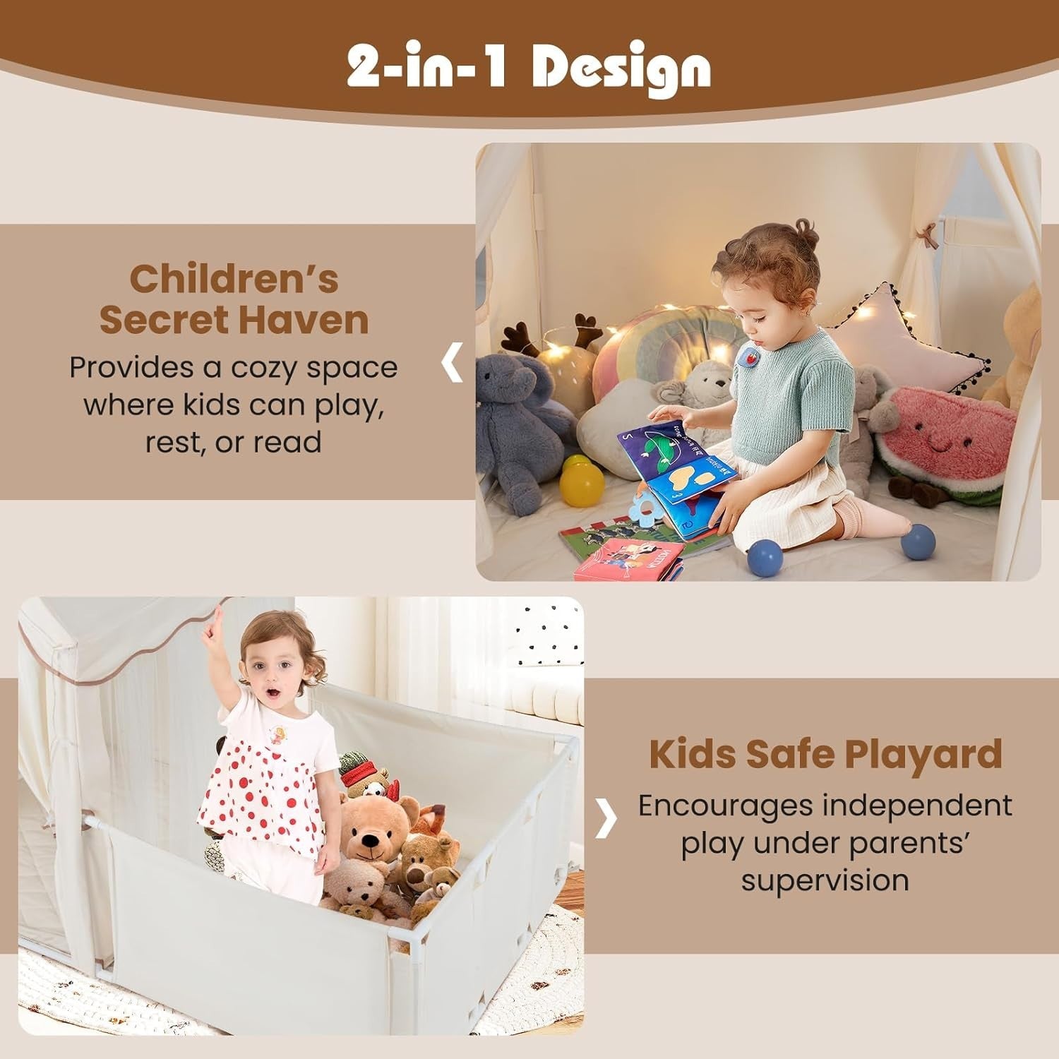 Kids Play Tent Beige Castle with Lights Mat Indoor Toddler Playhouse