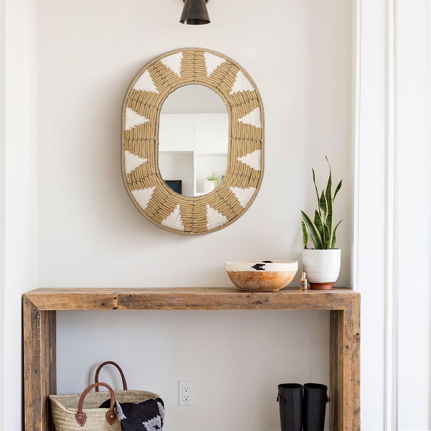 Oval Rattan Wall Mirror Boho Rustic Handwoven Home Decor 42x32cm
