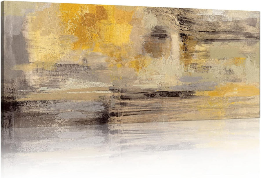 Large Abstract Canvas Wall Art Mustard Yellow Grey Framed 120x50cm