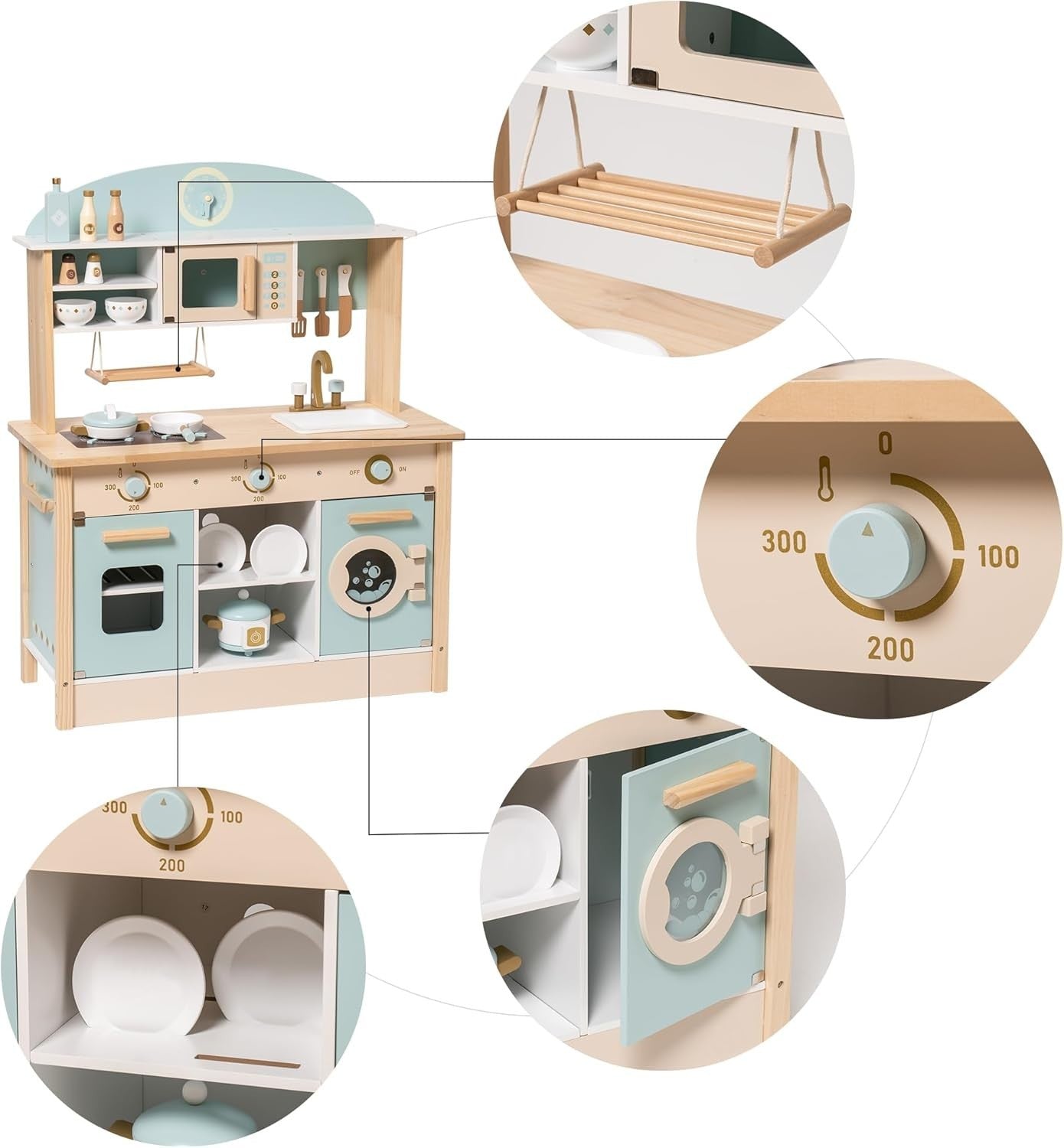 Kids Wooden Play Kitchen Set w/ Oven Microwave Blue Toy Kitchen