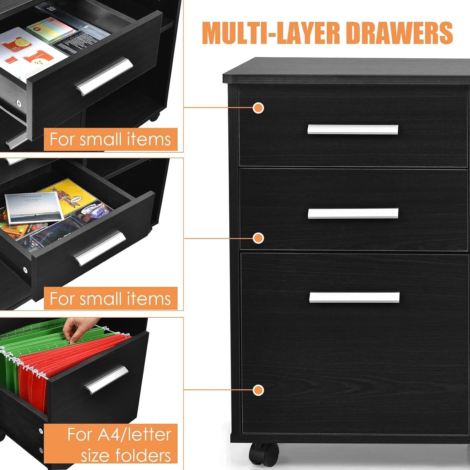 Lateral Mobile Filing Cabinet 3 Drawer Letter Size Printer Stand