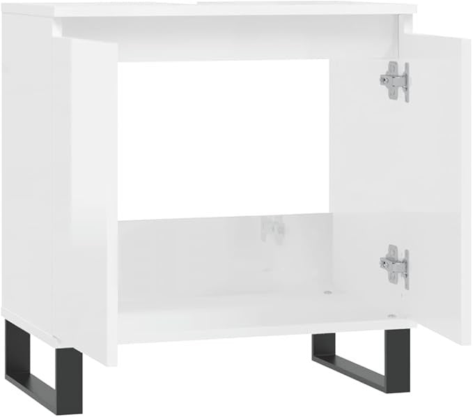 White High Gloss Under Sink Bathroom Cabinet 58cm Modern Vanity Unit w/ Metal