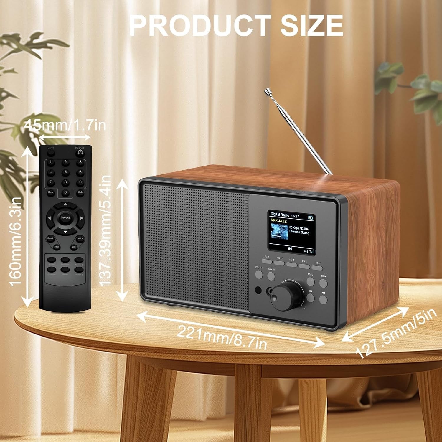DAB DAB+ FM Digital Radio Bluetooth Alarm Remote 2.4” Display Wood