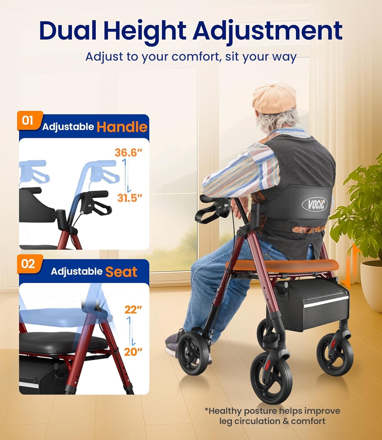 4 Wheel Rollator Walker with Seat Big Wheels Folding Adjustable Height