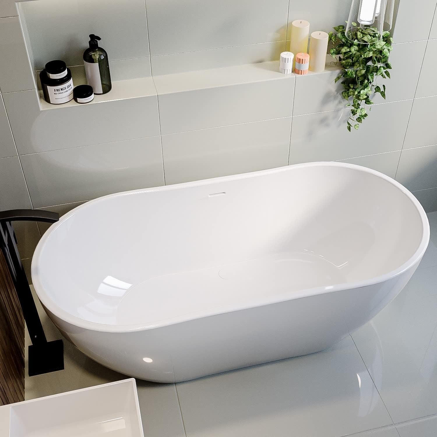 1650x750mm Freestanding Double Ended Bath White Acrylic Oval Modern