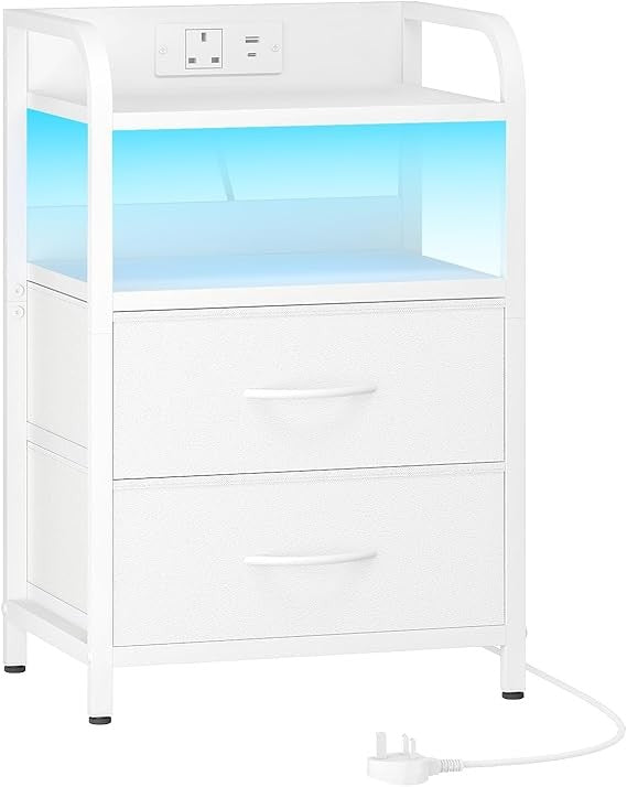 White LED Bedside Table with Charging Station 2 Drawers Modern Nightstand