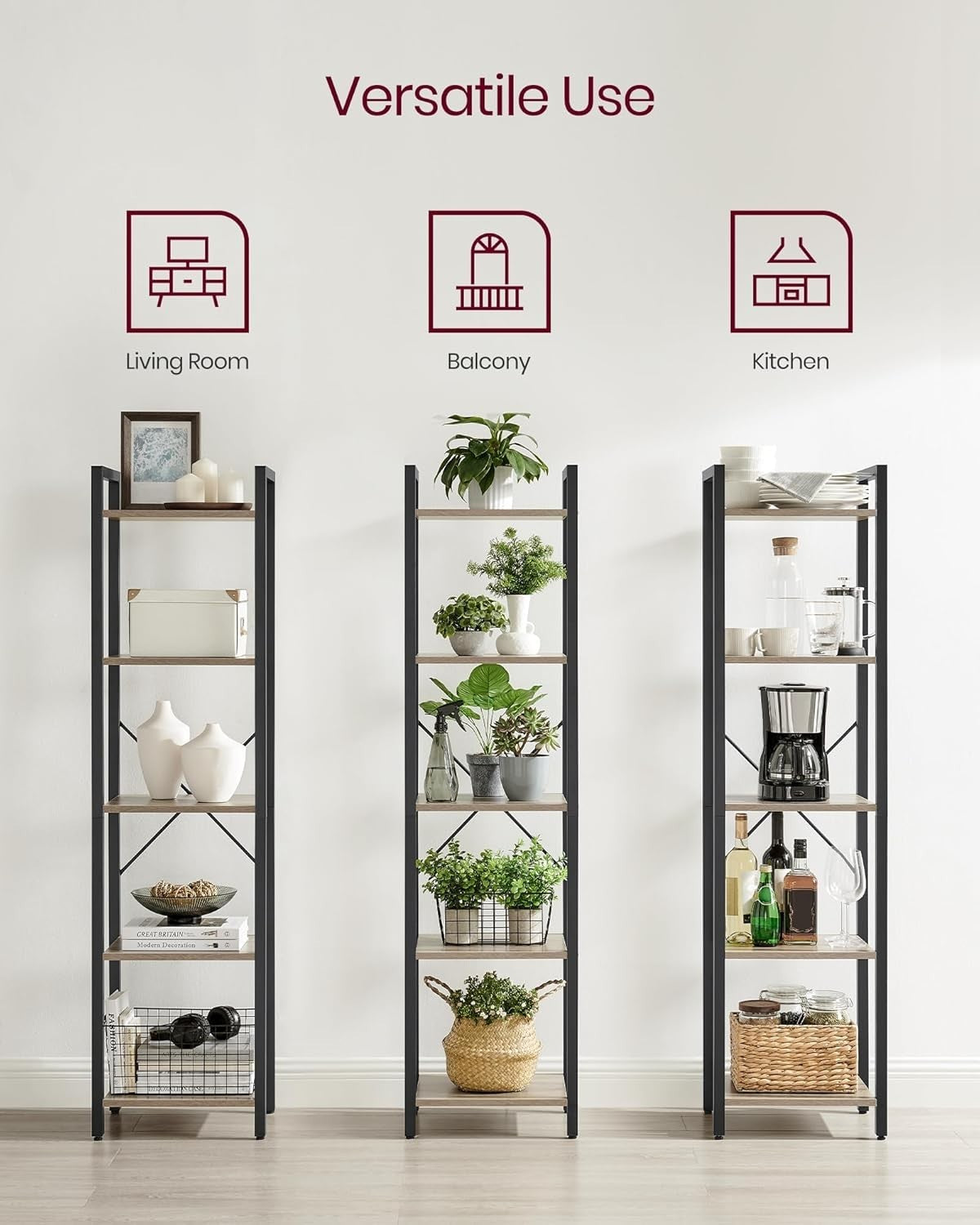 5-Tier Heather Greige Industrial Bookcase – Tall Narrow Storage Shelf Unit